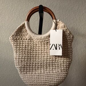 Zara Beige Woven Tote with Wooden Handles
